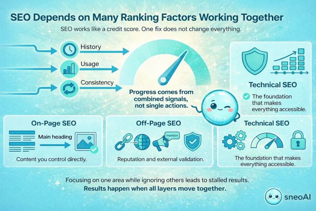 SEO depends on many ranking factors working together